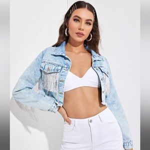 Raw hem fringe cropped Jean jacket